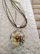 Hand Blown Murano Style Glass Pinks, Flower Pendant Necklace Round Shape.3D.24