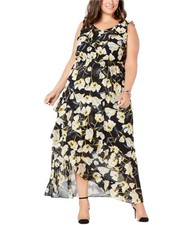 I.N.C Womens Floral Ruffled High-Low Dress, Black, Plus Size, 20W