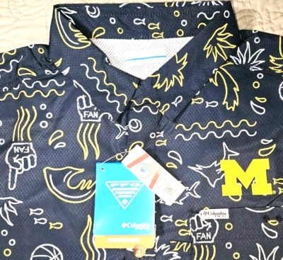 NEW COLUMBIA, MEN'S MEDIUM, MICHIGAN WOLVERINES HAWAIIAN SHIRT, MSRP $65.00!