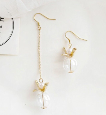 Golden Crane Bird and Glass Sphere Asymmetrical Drop Earrings