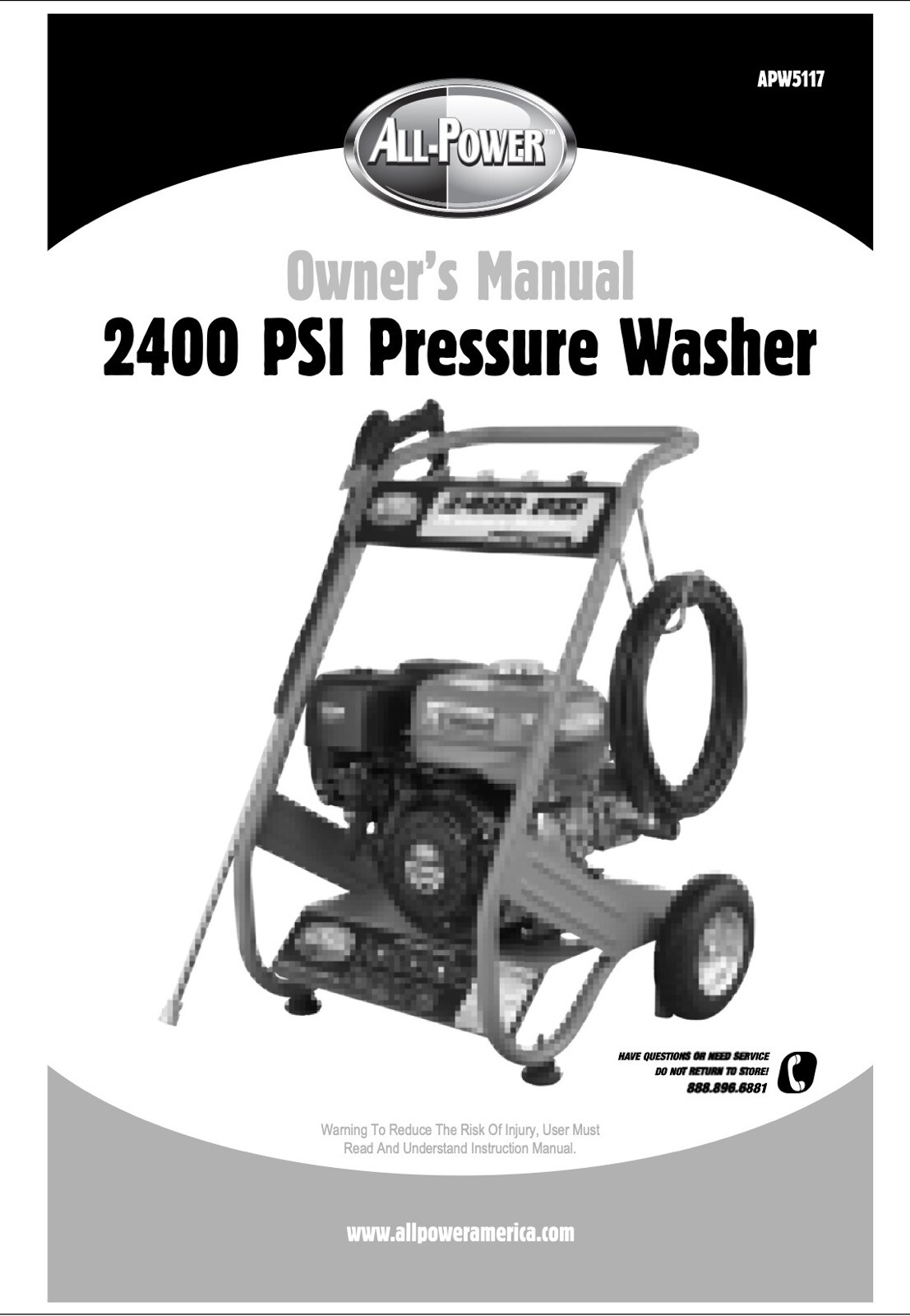 Owners Manual & Parts List for All-Power 2400 PSI Pressure W