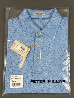 Peter Millar Golf Shirt Polo CS Summer Comfort Chillax Print Medium Blue NWT