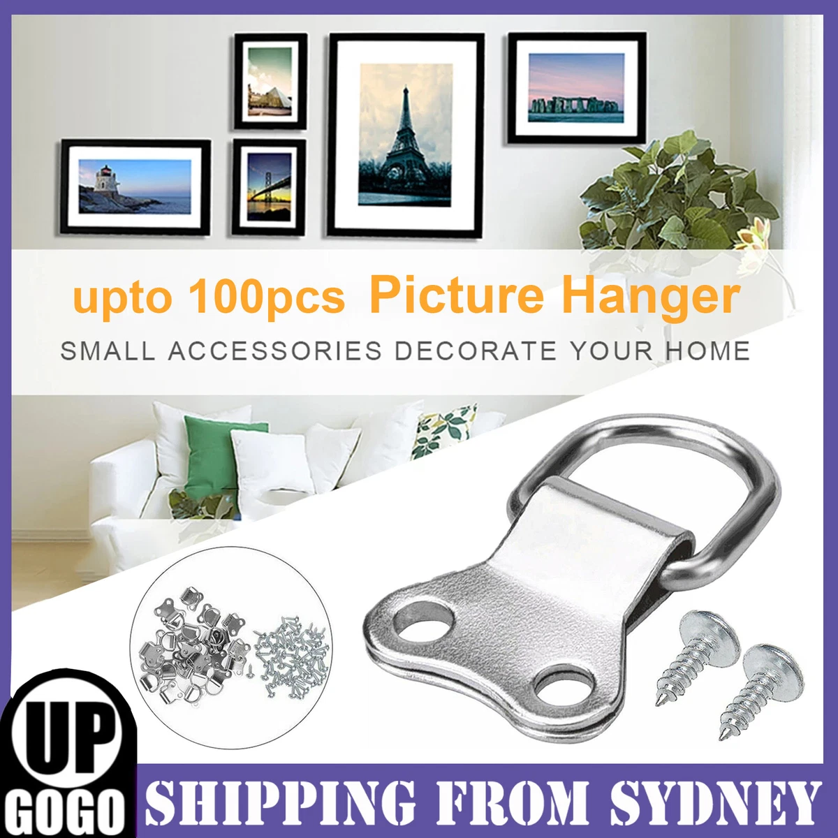 UP 100x Screw Heavy Duty D-Ring Painting Picture Frame Hanger Hanging Hooks