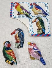 6 - Vintage 1960s Litho Tropical Birds Pins Punched Tin Pinbacks Vibrant Colors