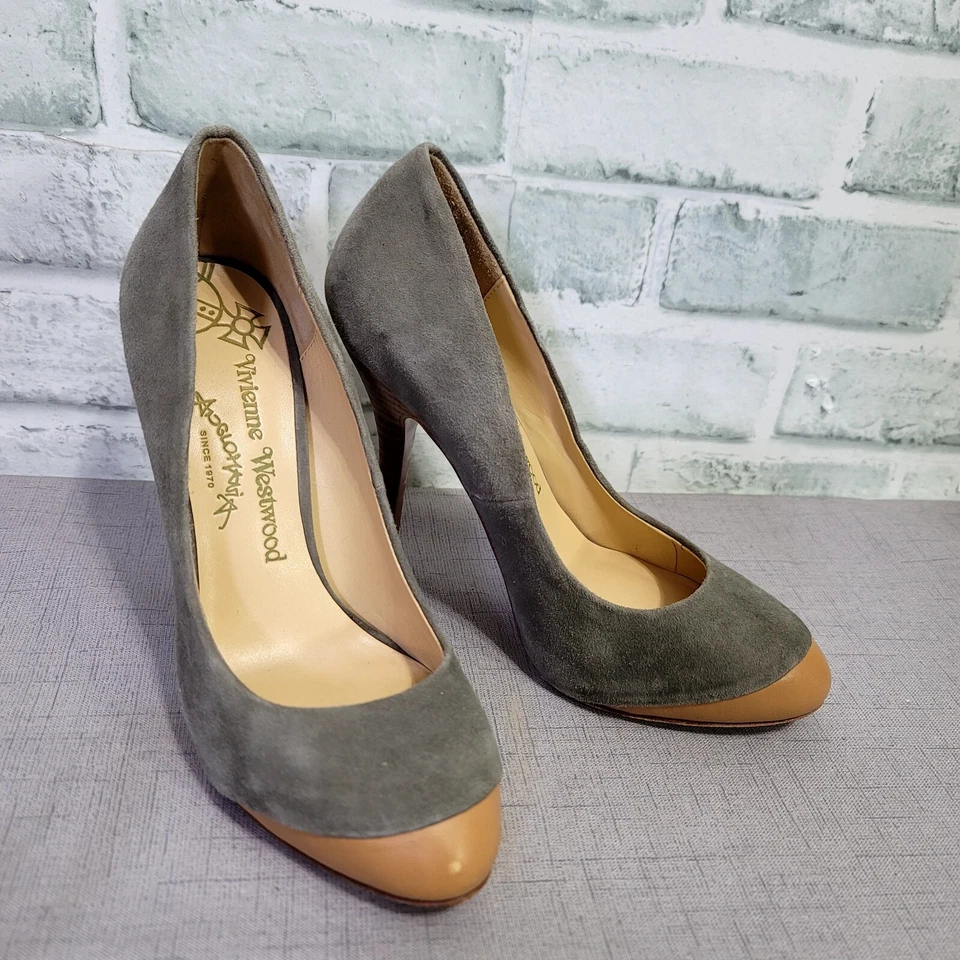 Vintage 90s Vivienne Westwood Anglomania 37 Grey Suede Tan Colorblock Pumps Heel - Image 3 of 4