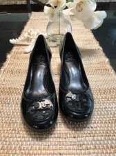 Tory Burch Amy Black Leather Reva Round Logo Pumps Women’s Shoes Sz 7 US 37 EU