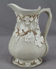 Villeroy & Boch German Sprig Molded Floral & Gold Stoneware Pitcher 1852-1873 A
