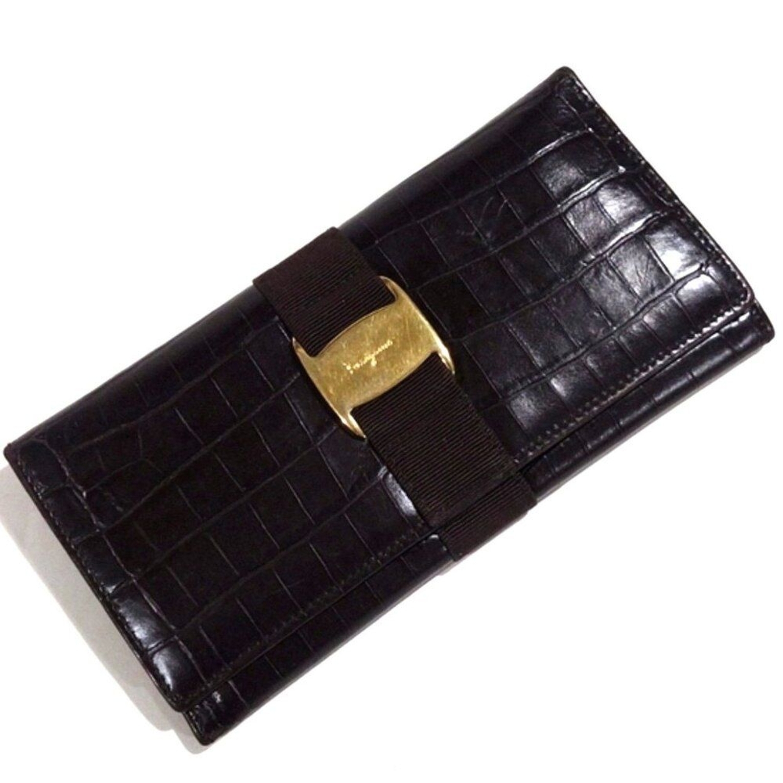 Salvatore Ferragamo Crocodile-Embossed Brown Leather Long Wallet, Women's Luxury