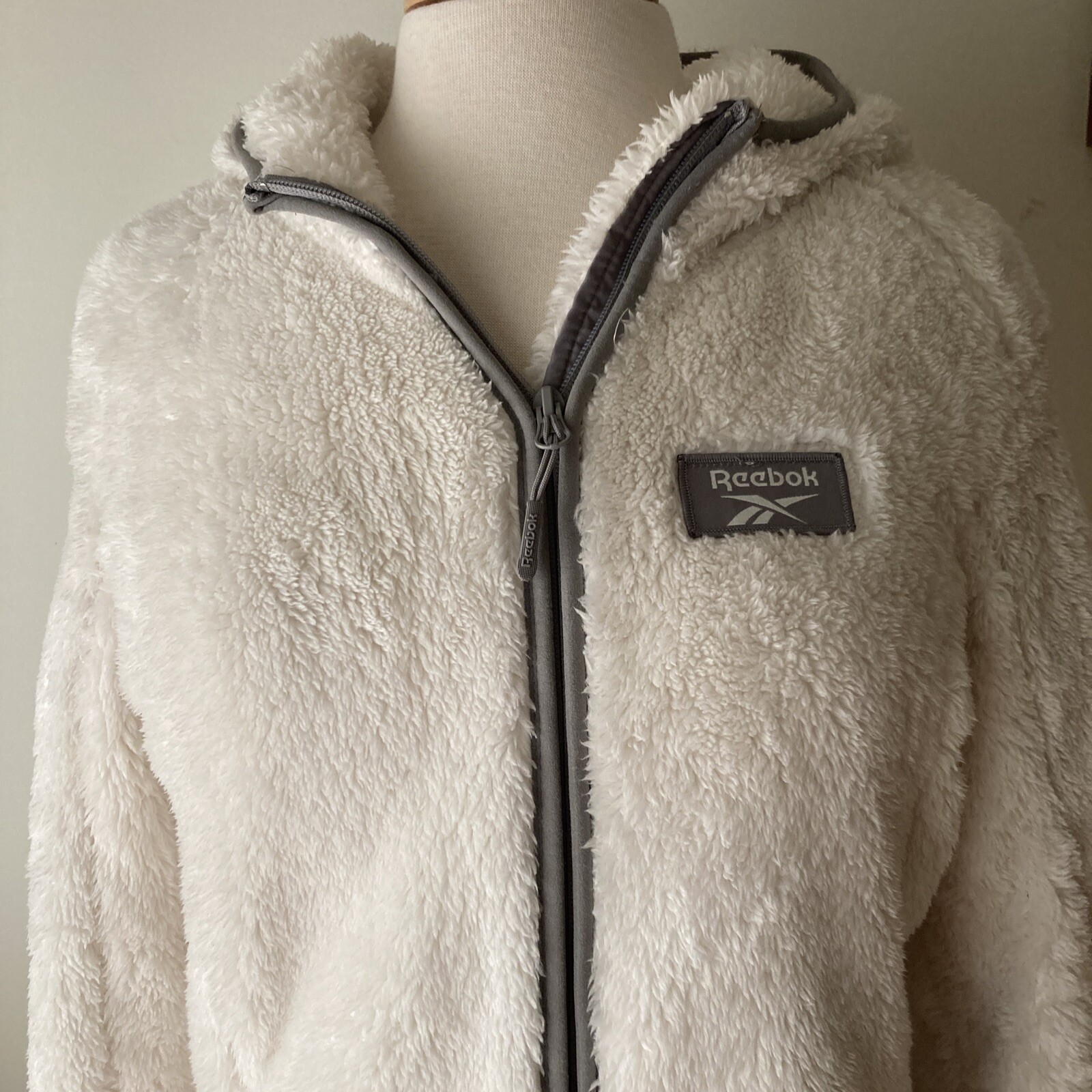 Ladies Reebok Teddy Fleece Jacket Size Large Sherpa Pile Cream Grey Trim  Hoodie | eBay