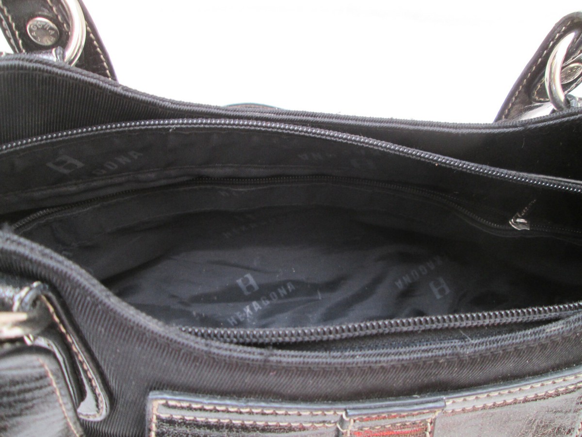 Sac à Main Vintage Authentique HEXAGONA En Toile Et Similicuir Noir - Occasion - Porté épaule Ou Main