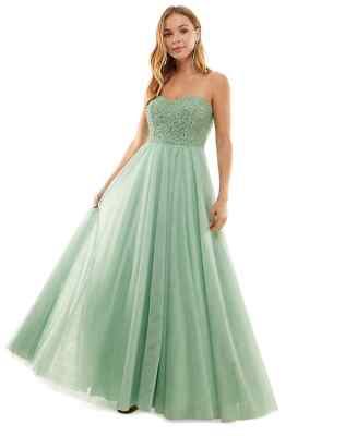 Say Yes to the Prom Juniors Green Pearl Embellished Strapless A-Line Dress  - ... | eBay