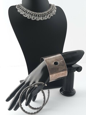 Antiqued Chain Choker Necklace Patina Silvertone Bracelet Black