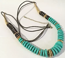 VINTAGE corded  faux turquoise & wood disc necklace boho 32"+ext