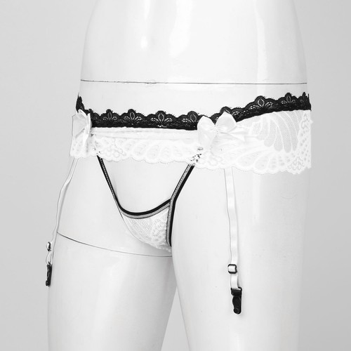 Agoky Sissy Herren Dessous G-string Transparente Spitzen Slip mit Strumpfband - Bild 34 von 37