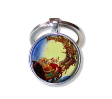 Santa with Reindeer Over the Moon - Handmade Glass Pendant KEY RING Holiday Gift