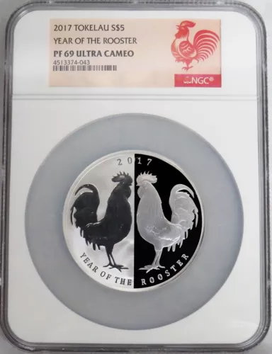 2017 SILVER TOKELAU PROOF $5 YEAR OF THE ROOSTER COIN NGC PF 69 ULTRA CAMEO