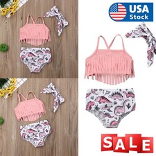 Toddler Girls Tankini Set Swimsuit Bathing Suit Tops Bottoms Headband Swimwear