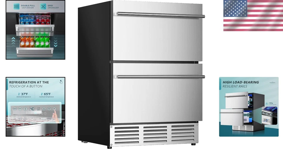 24-Inch Stainless Steel Outdoor Beverage Fridge with Double Drawers & LED Light - Image 2 of 4