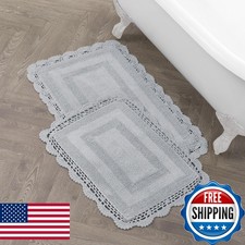 Laura Ashley Bath Mat Set 2-Piece Light Grey 100 Cotton Reversible Crochet