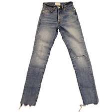 We The Free Skinny Jeans 25x30 Mid Rise Stretch Button Fly Raw Hem Blue Denim