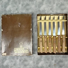 Vintage Gourmet Steak Knives Set of 6 Japan Stainless Wood Handle Serrated w Box