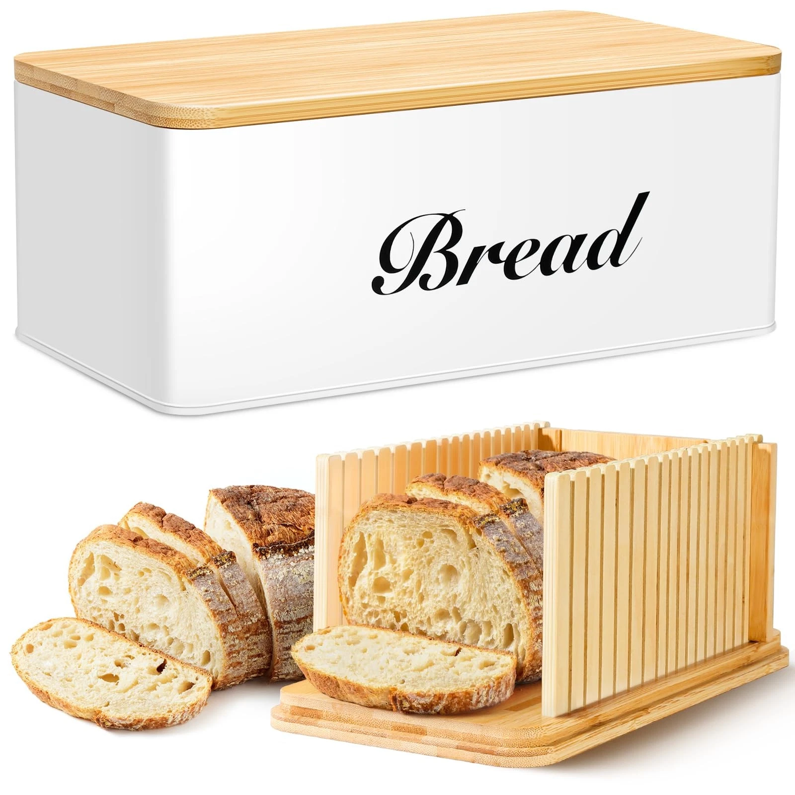 Bread Slicer for Homemade Bread with Box, White Bread Storage for Kitchen Cou...