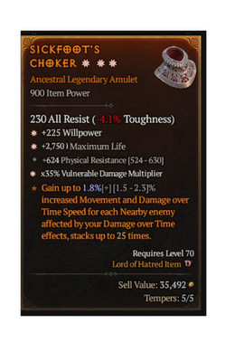    DIABLO 4 SEASON 13 LEGEN AMULET 3GA-WILL+LIFE+VUL DMG