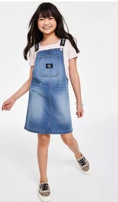 NWT Calvin Klein Jeans Denim Pinafore Dress Logo Straps Girls Size XL 16 New