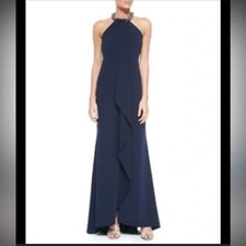 Carmen Marc Valvo Women’s Beaded Toga Navy Maxi Dress Size 4