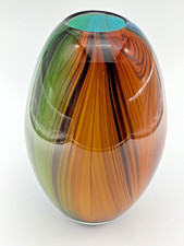 Large Studio Art Glass Vase Orange Green Blue Swirl 11  Modern Hand Blown Vase