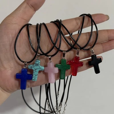 Bohemian Natural Stone Cross Pendant Black Leather Rope Necklace Rose Quartz Ony