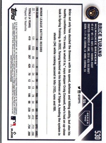 2023 Topps #530 Brice Turang - Picture 2 of 2