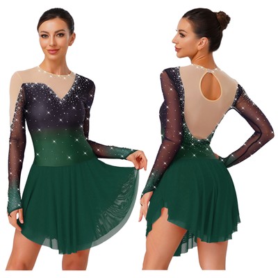 Women Long Sleeve Figure Ice Skating Dress Shiny Rhinestone Ballet Leotard Dress