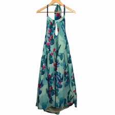 ModCloth Cactus Print Halter Dress Mint Green Floral A Line 4X Plus Back Tie Tea