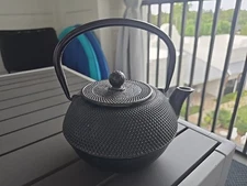 Heavy Black Cast Iron Tea Pot & Lid Pebble Texture Home Shelf Decor Planter