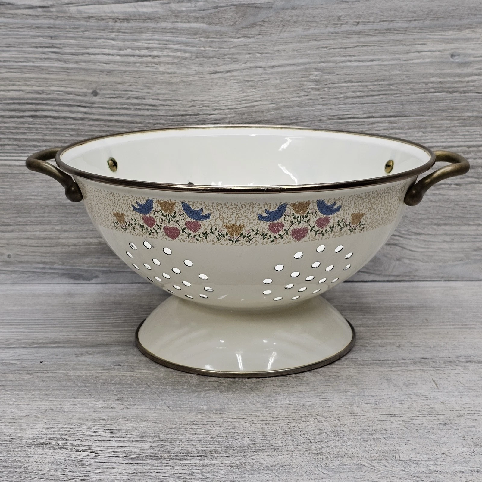 Vintage Enamel Colander Strainer Footed Bowl Cream with Bird Floral Design