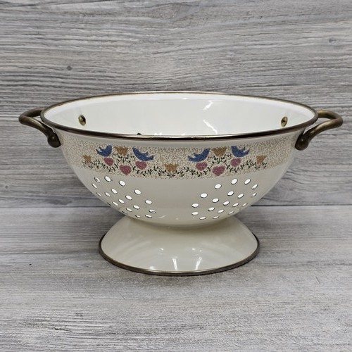 Vintage Enamel Colander Strainer Footed Bowl Cream with Bird Floral Design