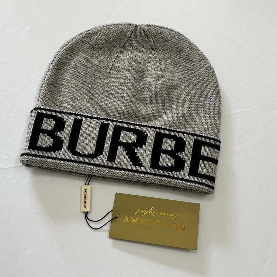 Burberry Unisex Grey Check Wool Beanie Hat | Classic Designer Winter Knit Cap - Image 2 of 2