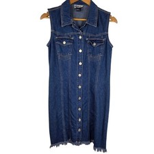 VTG Womens S Sleeveless Denim Dress Button Front Raw Hem Y2K Western 90s Casual