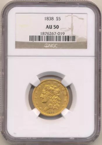 1838 $5 Gold Half Eagle AU50 NGC