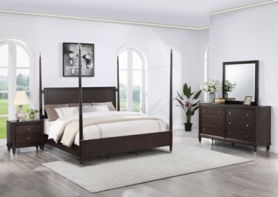4 PC SLEEK  FOUR 4 POSTER QUEEN BED NS DRESSER MIRROR BEDROOM FURNITURE SET