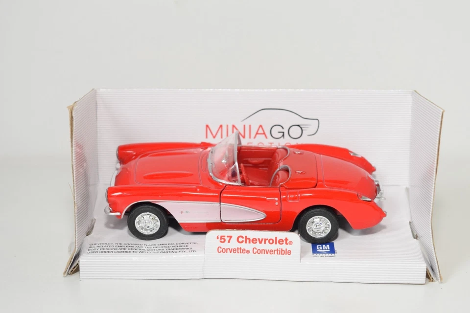 B14 1:38 WELLY MINIAGO CHEVROLET CORVETTE CONVERTIBILE 1957 ROSSO NUOVO CON S... - Immagine 2 di 4