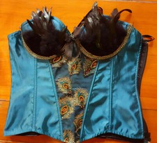 Corsage Federn Burlesque ähnlich Korsett Schnürung Reissverschluß petrol Gr. S