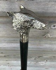 Antique Chrome Wolf Head Handle Vintage Wooden Inlay Cane Walking Stick Gift