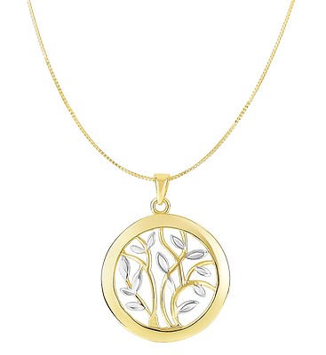Tree Of Life Necklace 14k Gold Two Tone Open Leaf Design 21mm Round 18'' Long