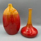 2 件复古 MCM 设计 TOYO 陶器花瓶红色橙色滴釉