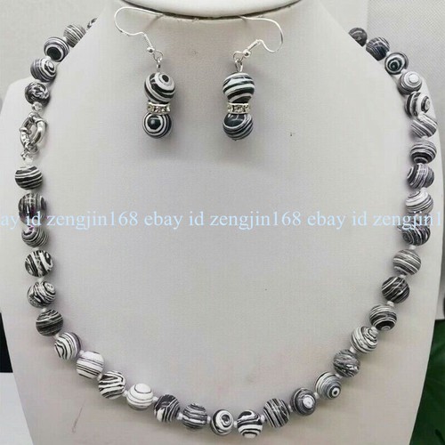Pretty 10mm Black White Striped Turquoise Round Gemstone Necklace Earrings Set - Picture 6 of 12
