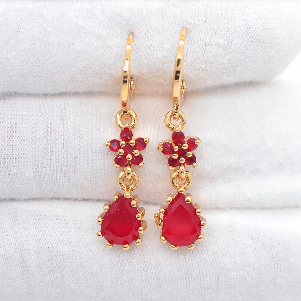 18K Yellow Gold Filled Women Black Mystic Topaz Flower Teardrop Dangle Earrings - Image 2 of 3