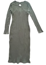 Y2K Womens Bongo Dress L Olive Bodycon Ribbed Cutout Stretchy Long Sleeve Midi