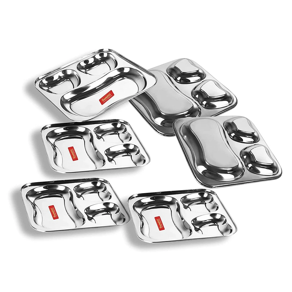 Edelstahl 3 in 1 Pav Bhaji Fach Teller Set Mit 6 Stück - 21,5 cm - Bild 3 von 4